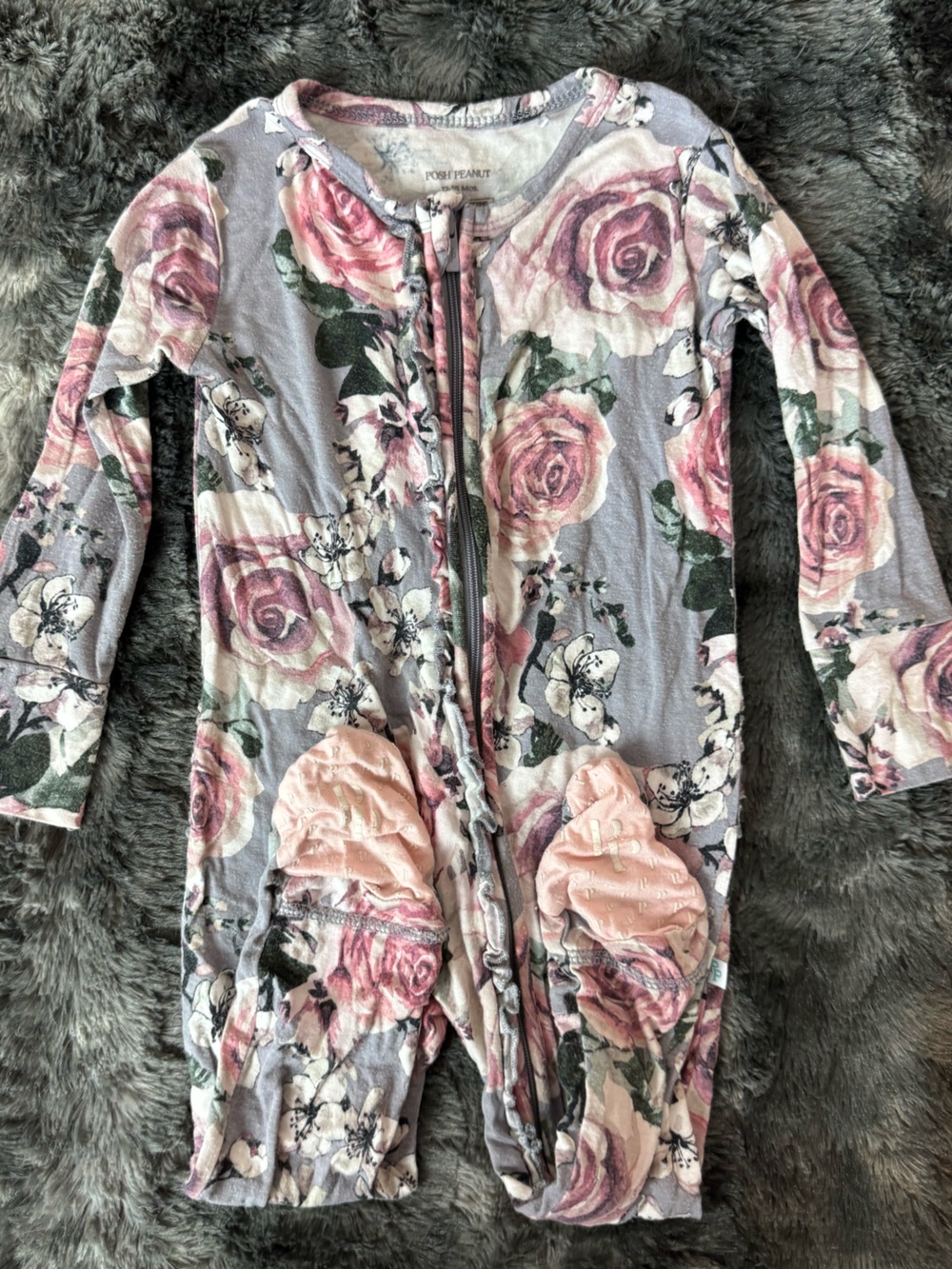 Posh Peanut Floral Zip-Up Onesie Pajamas in Pink and Gray